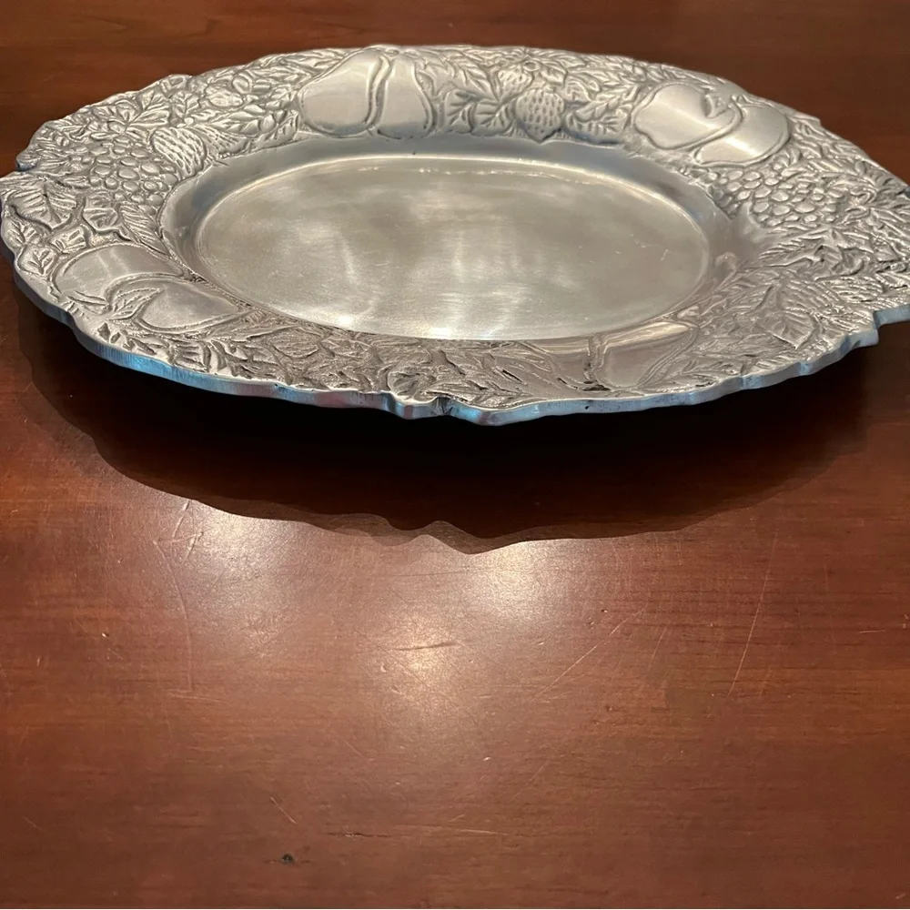 Vintage Silver Toned Serving Platter Oval with Embossed Fruit and leaves